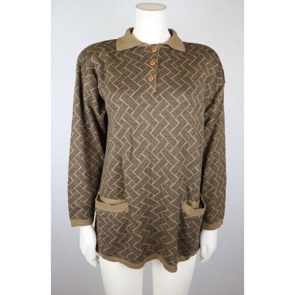 VINTAGE 80s WOMEN'S BROWN COLLARED SWEATER W/ POCKETS - DONNA TORAN - SIZE M - Picture 1 of 7